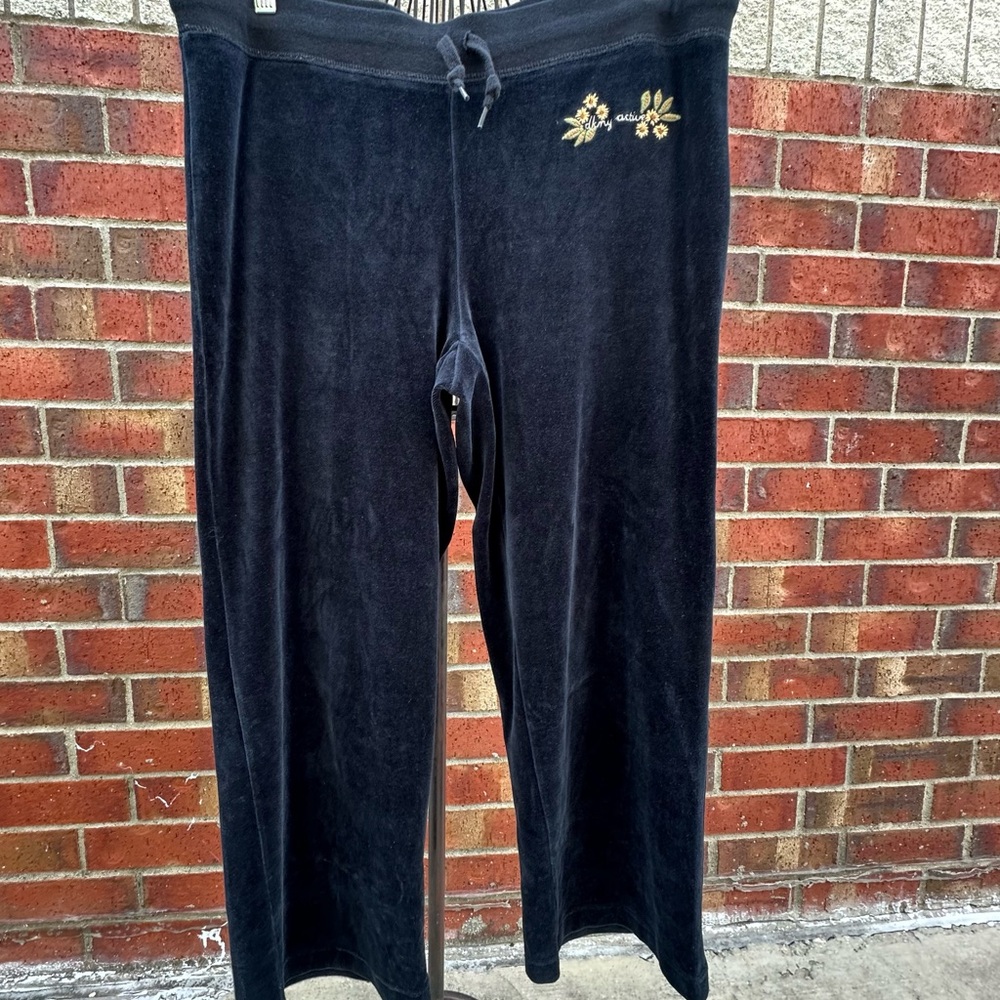 DKNY Black Activewear Pants Floral Embroider Velour Wide Leg Drawstring Casual L